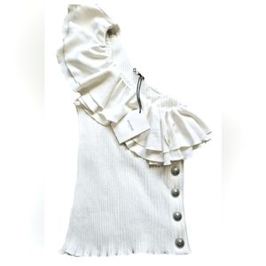 Balmain One-shoulder Ruffled Ribbed-knit Top Size 8
